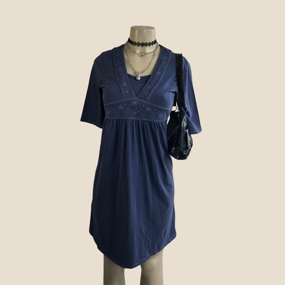 Vintage Y2K Old Navy Slate Blue Embroidered Empire Waist Mini Dress Tunic XL